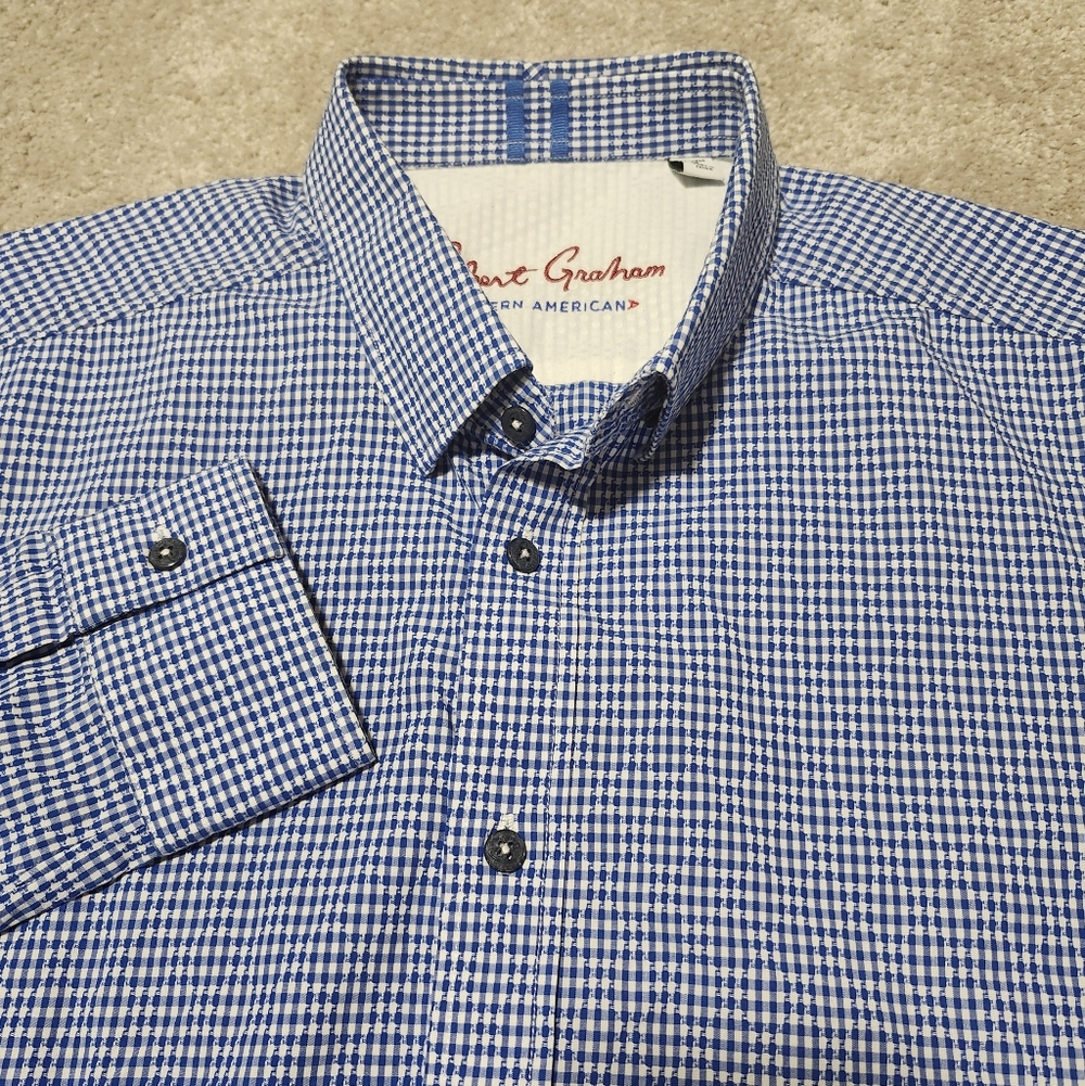 Robert Graham Men's Gingham  Modern American Long Sleeve Blue Button-down Size L